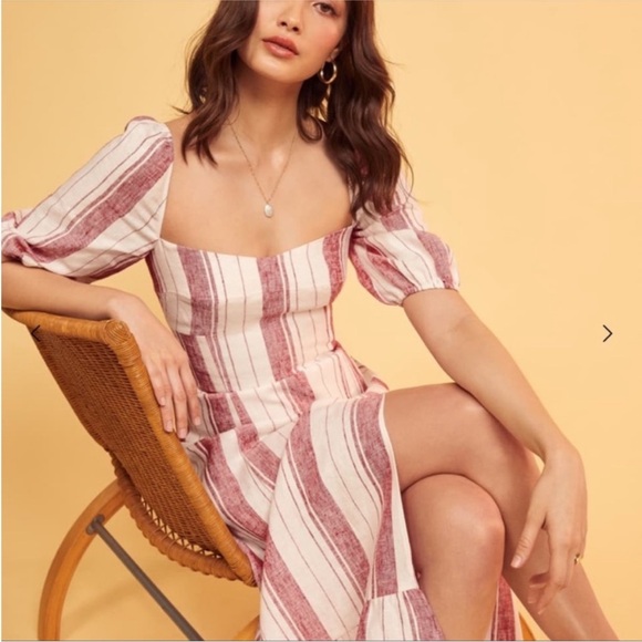 Reformation Belgium Linen Midi Dress in Savannah Stripe Red - Picture 5 of 9